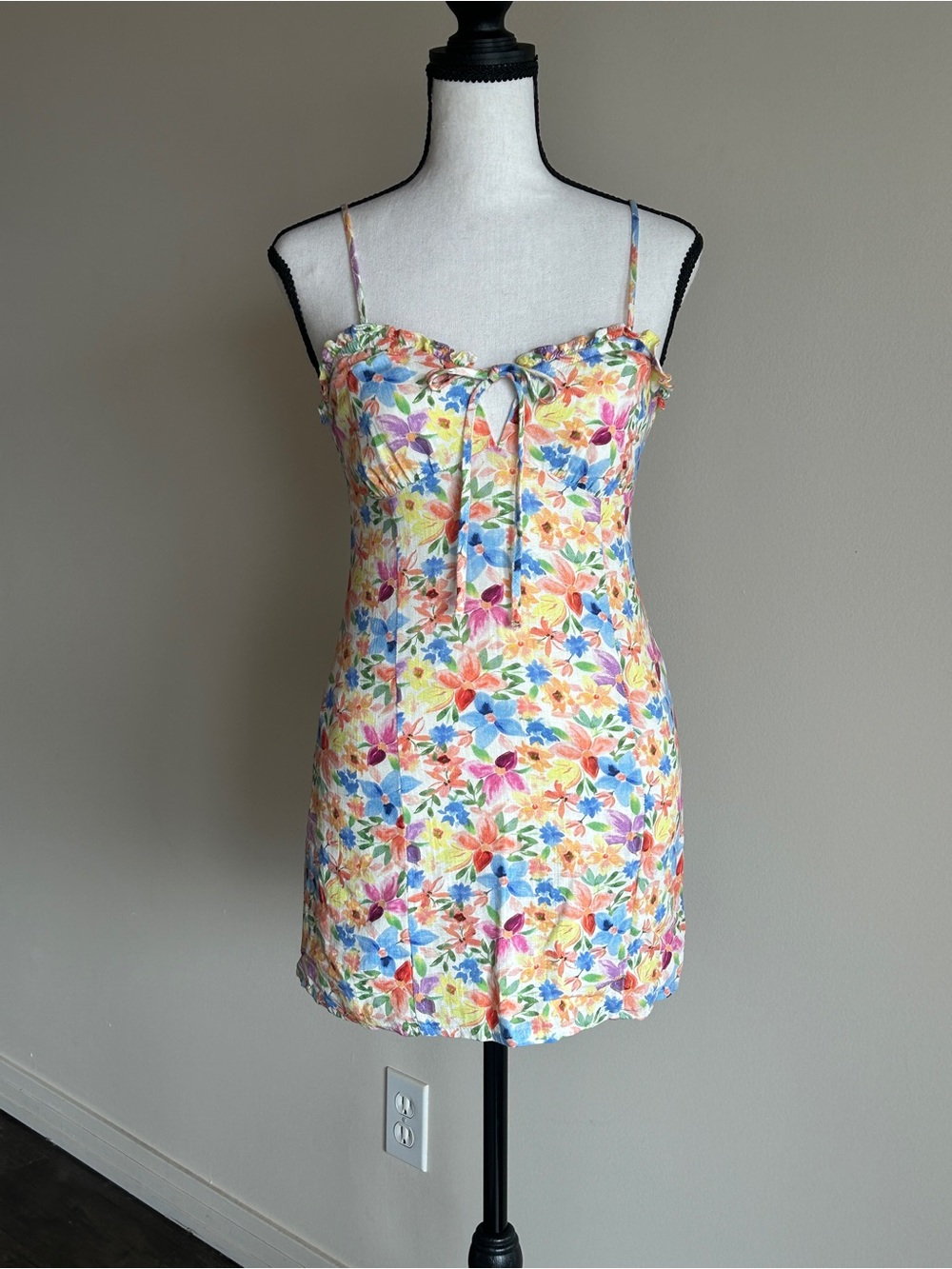 Twik Watercolour Colourful Floral Tie-Front Romantic Mini Sundress Small